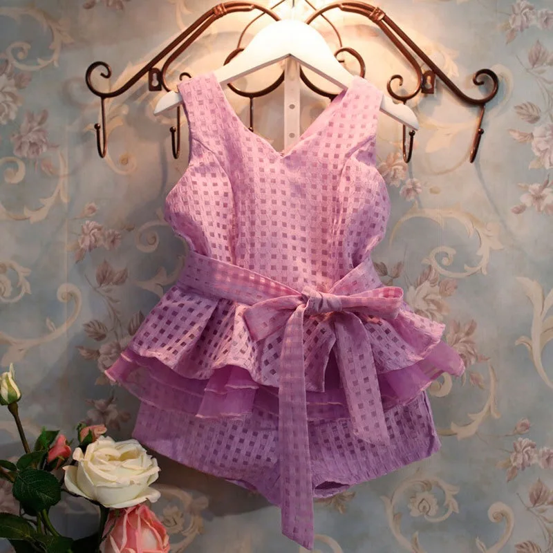 

Wholesale New arrival summer plaid mesh 2Pcs girls sleeveless butterfly camisole and pants Clothes Sets, Picture shows