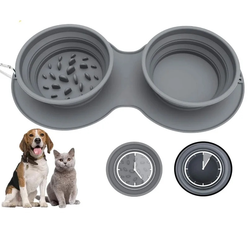 

New Portable Eco Silicone Slow Food Anti Choking Foldable Collapsible Double Pet Dog Bowl, Grey