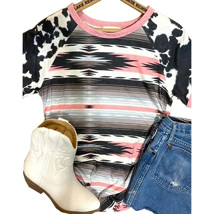

Free Shipping Hot Sale Summer Casual Western Style T-shirt Short Sleeve O-Neck Cow Print Sleeve Women Pink Aztec Tops