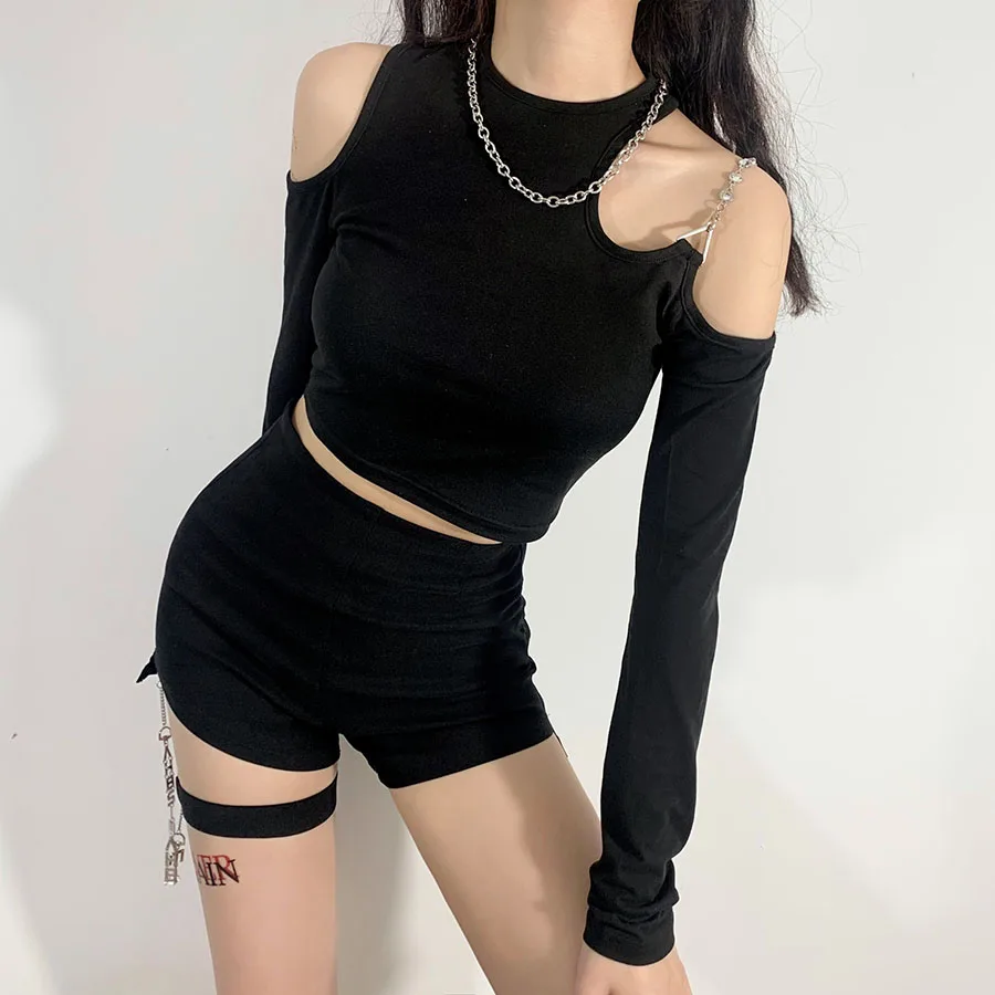 

Nibber K21L01122 Gothic hollow tshirt crop top summer black Punk bandage top high streetwear party top cotton tees female