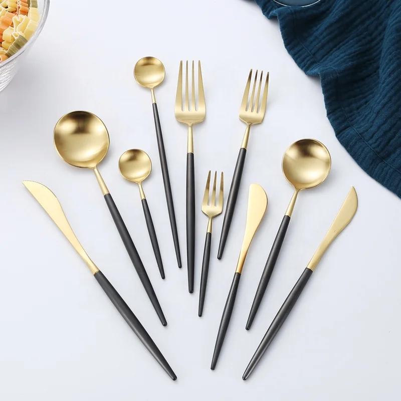 Elegant gold silverware modern gold black metal cutlery stainless steel hotel flatware set