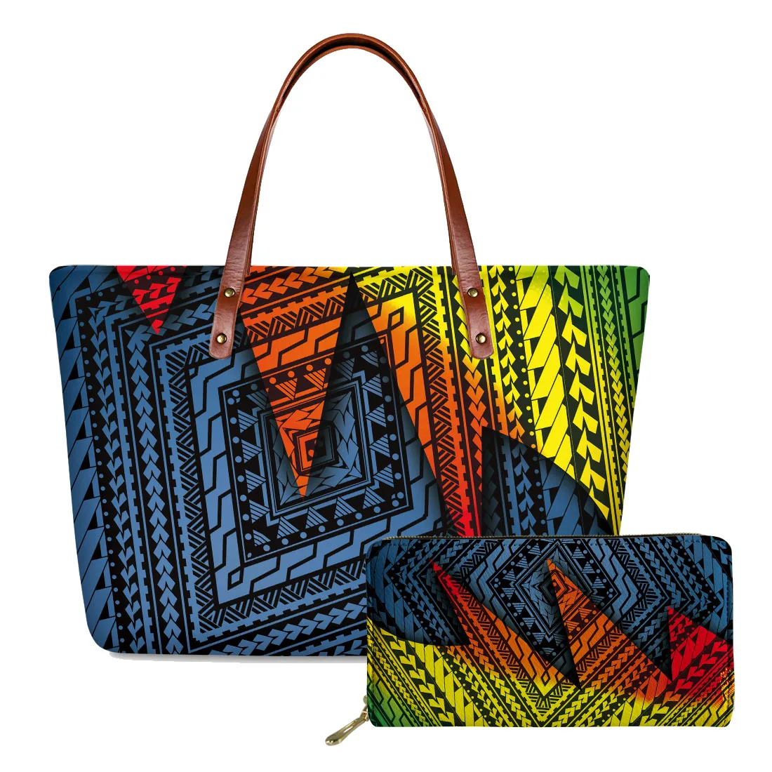 

2022 Hot Sale Polynesian Traditional Tribal Style set Design Ladies Handbag Set With Leather Purse Custom Logo Women Handbags