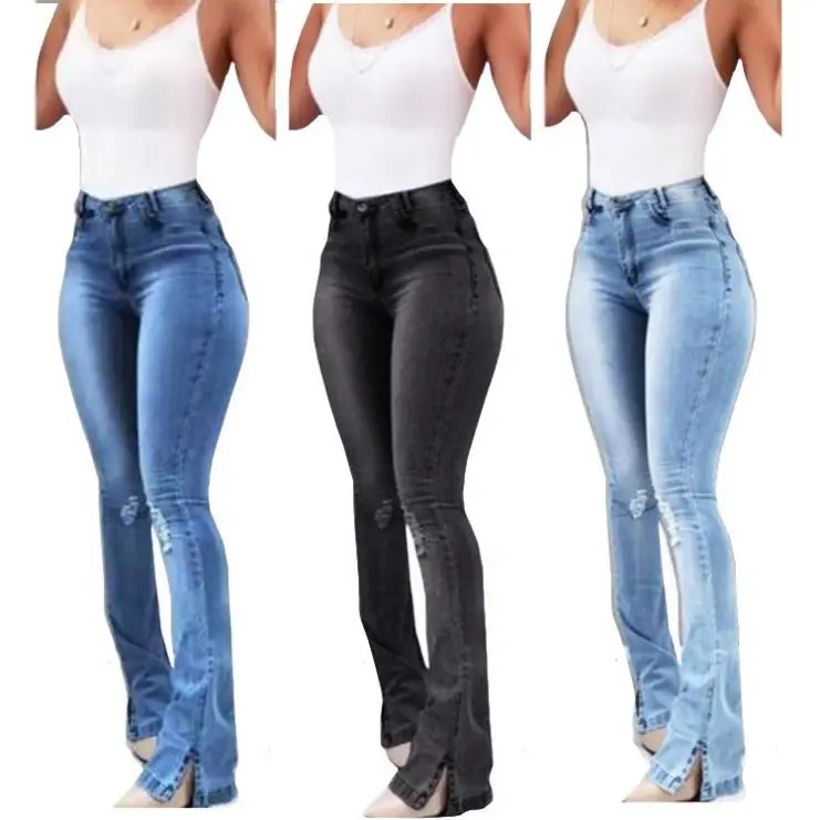 

D96791 Lowest Price Distressed Denim Long Flare Pants Lady Fashion Clothing Woman Pants 2021 Women Denim Jeans