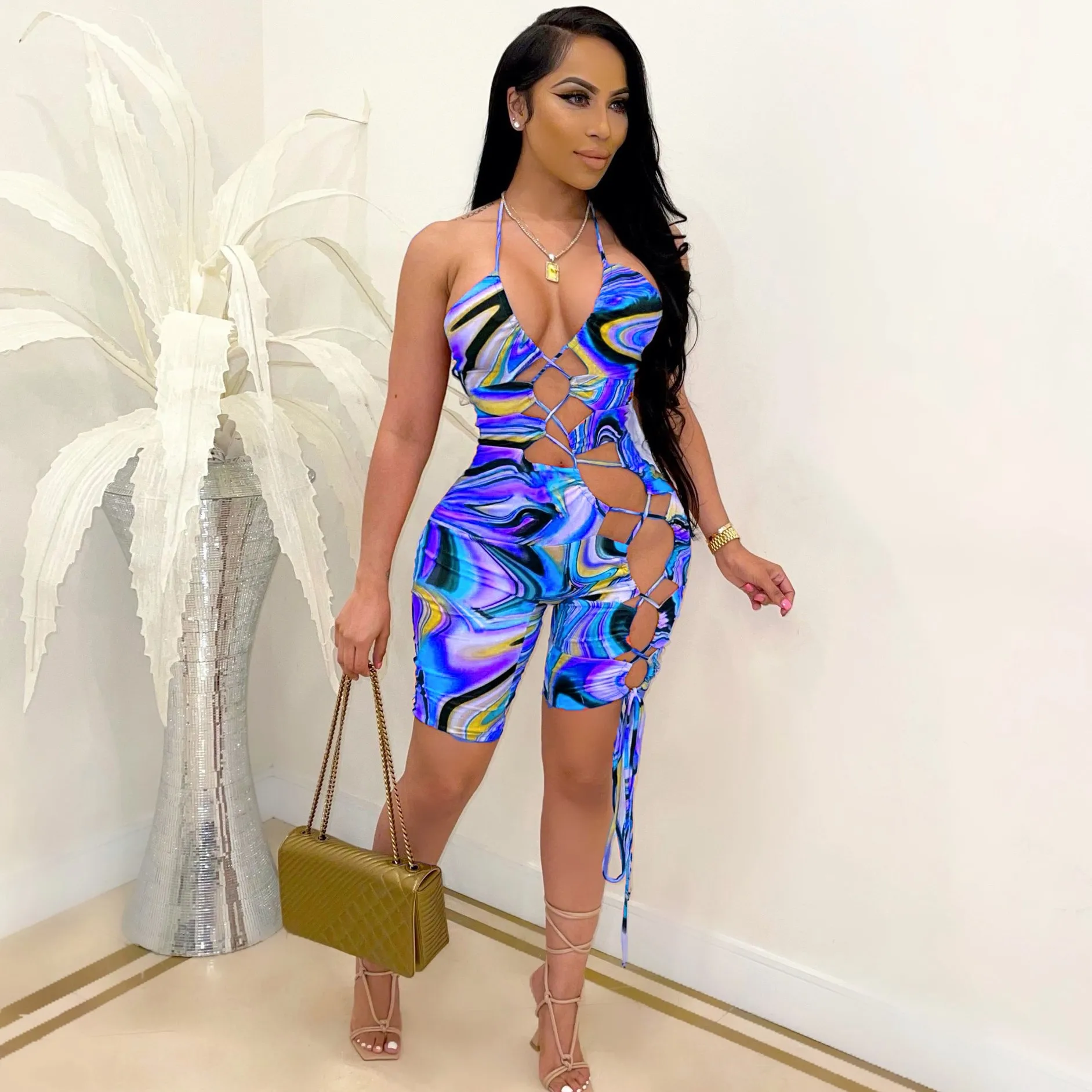 

Wholesale New Sexy Bodycon Playsuit Summer Outfits for Women Sexy Clubwear Hollow Bandage Short Jumpsuit One Piece Party Rompers, Purple/orange/blue