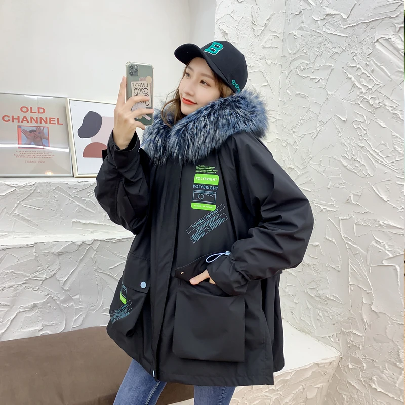 
Womens Genuine Leather Warm Outwear Parka Coats Winter Army Jacket Fur Collar Fleece Clothing Casual Quantity Cotton Hood 