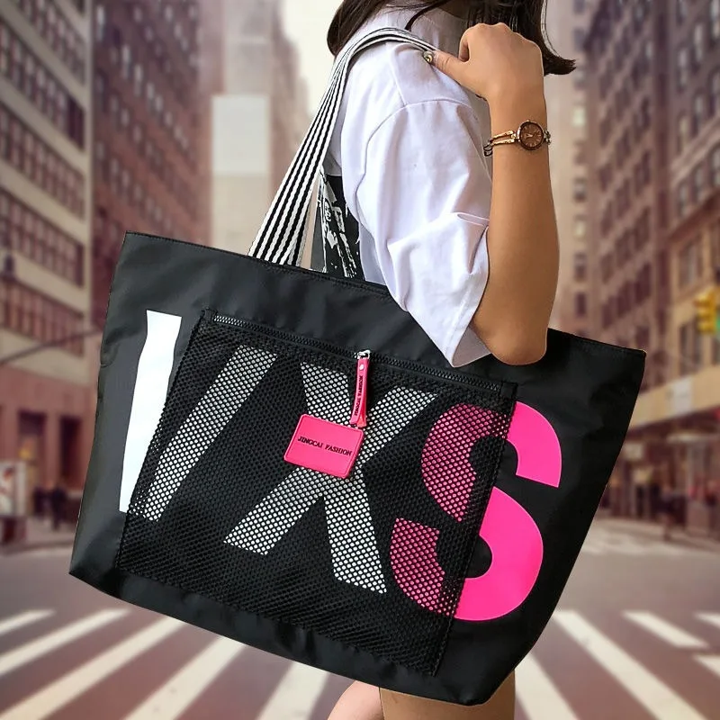 

Custom Letter Women Trendy Waterproof Large Capacity Female Travel Nylon Shoulder Tote Beach Shopping Bags With Logos