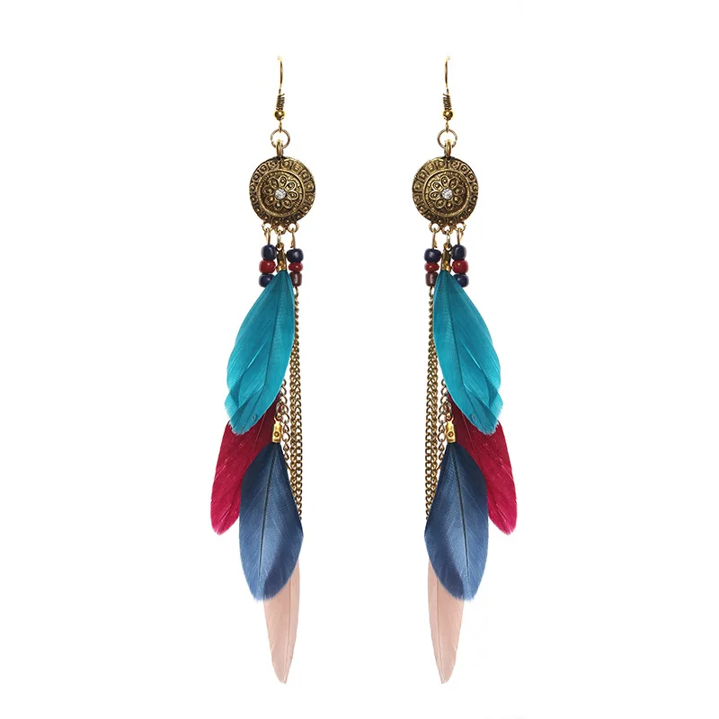 

retro chain tassel fewather long multi style bohemian ethnic style feather creative long earrings jewelry for women, Multi color