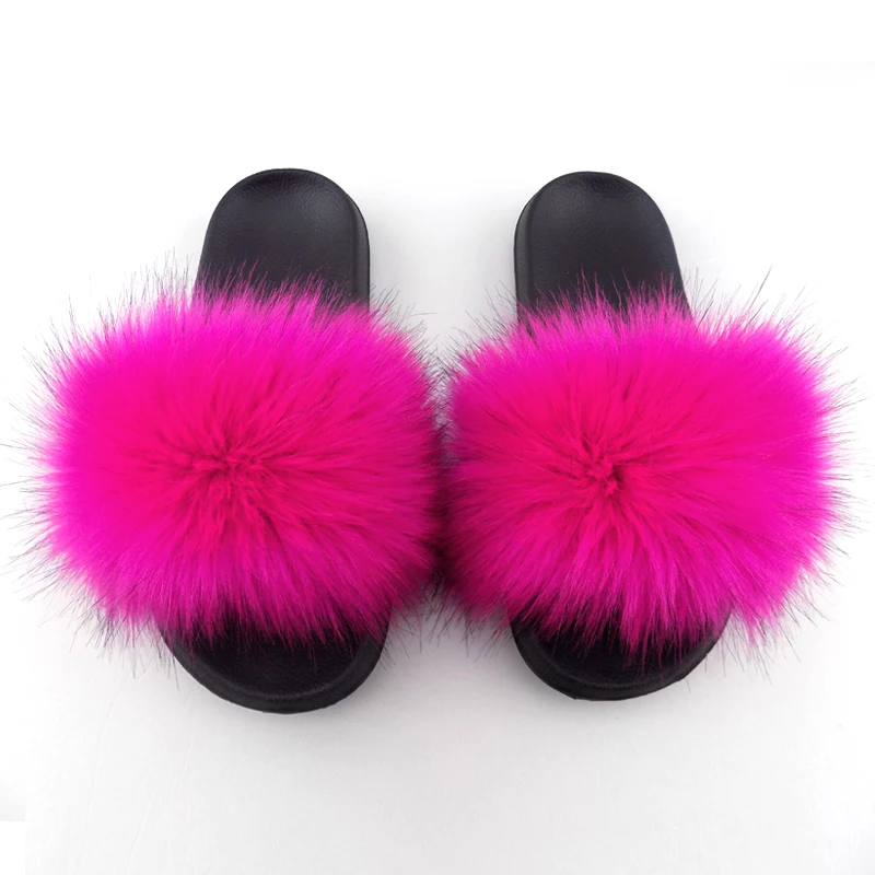 

Ladies fur slippers slides/custom faux furry slides slippers/wholesale faux fox fur slides