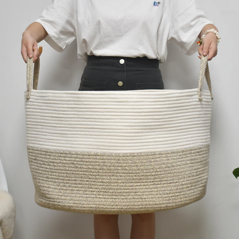 

Wholesales 2021 Accept Custom New Style Large Cotton Rope Woven Laundry Storage Basket with Handles, Customized color
