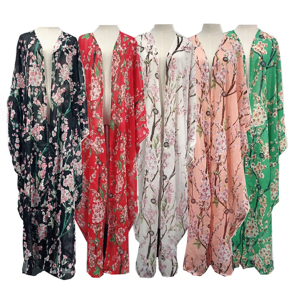 

High Quality Wholesale Turkish Chiffon Dubai Kaftan Long Batwing Floral Cardigan Muslim Dress Women Abaya Islamic Clothing