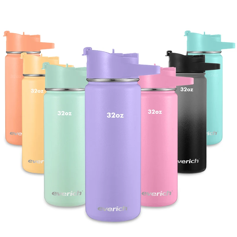 

Custom Color Logo Water Bottle 2024 New Design Handle Straw-Straight Lid 304 SS Double Wall insulated Vacuum Flask Support