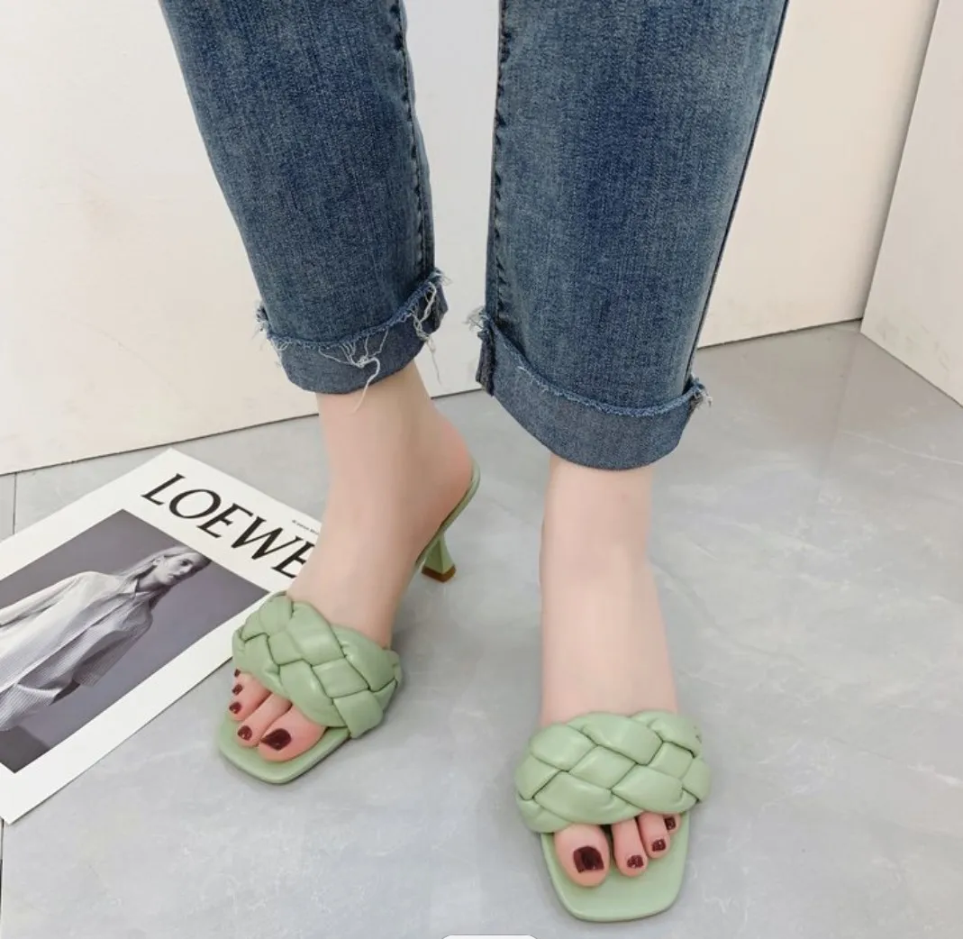 

Women Heels 2021 Weaving PU Leather Women Sandals High Heel Square Toe Heeled Sandals Shoes for Ladies