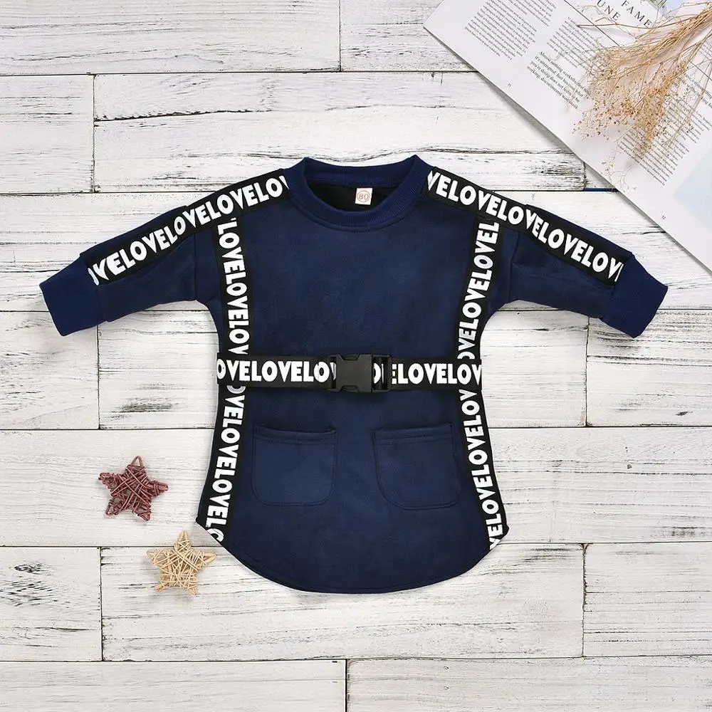 

Fashion Baby to Toddler Girl Blue Sweater Dress with Letters Belt Cute Kid Girl Pockets Navy Dress for 1-6 Years Outfit, Gray