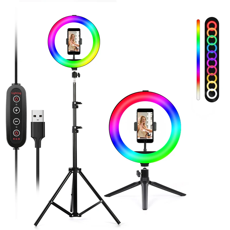 

OEM10" RGB Led filling Ring Light Self For Camera Photo Tiktok Ring Fill Lamp With Two Foldable Tripod Stands, Black