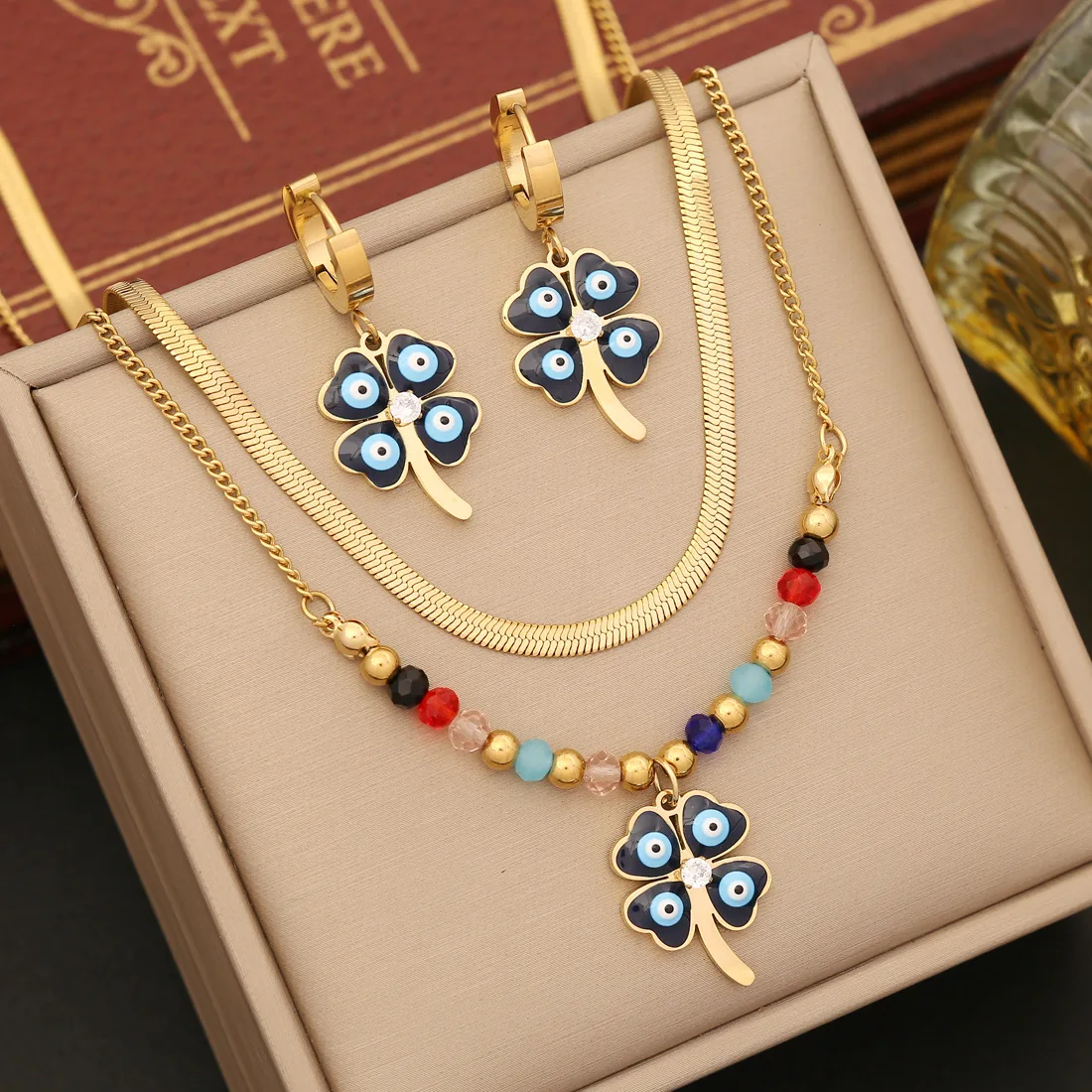 

2pcs Stainless Steel Zircon Devil Eye Set Jewelry 18K Gold Plated Necklace Earrings Jewelry Set For Woman