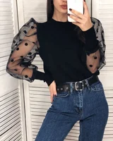 

Latest Spring New Styles Patchwork Polka Dot Puff Sleeve Women Knitted Tops