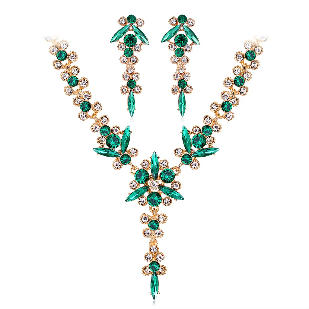 

New color water drop alloy diamond glass necklace women's temperament generous jewelry set spot wholesale
