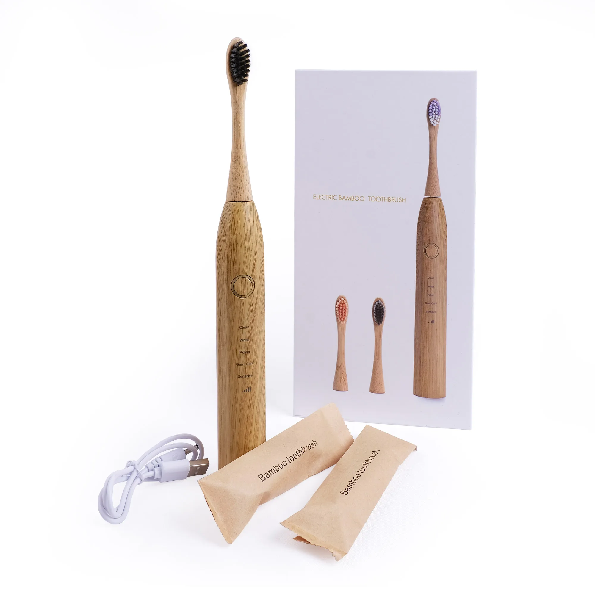 Eco-friendly Rechargeable Compostable Organic Intelligent Acoustic Wave Electric Bamboo Toothbrush With Replaceable Head