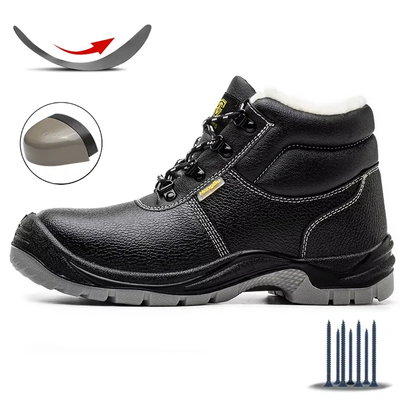 Men's Winter Safety Work Boots Genuine Leather Steel Toe Anti-Slip for Construction Factory Work PU Mesh Fabric Insoles