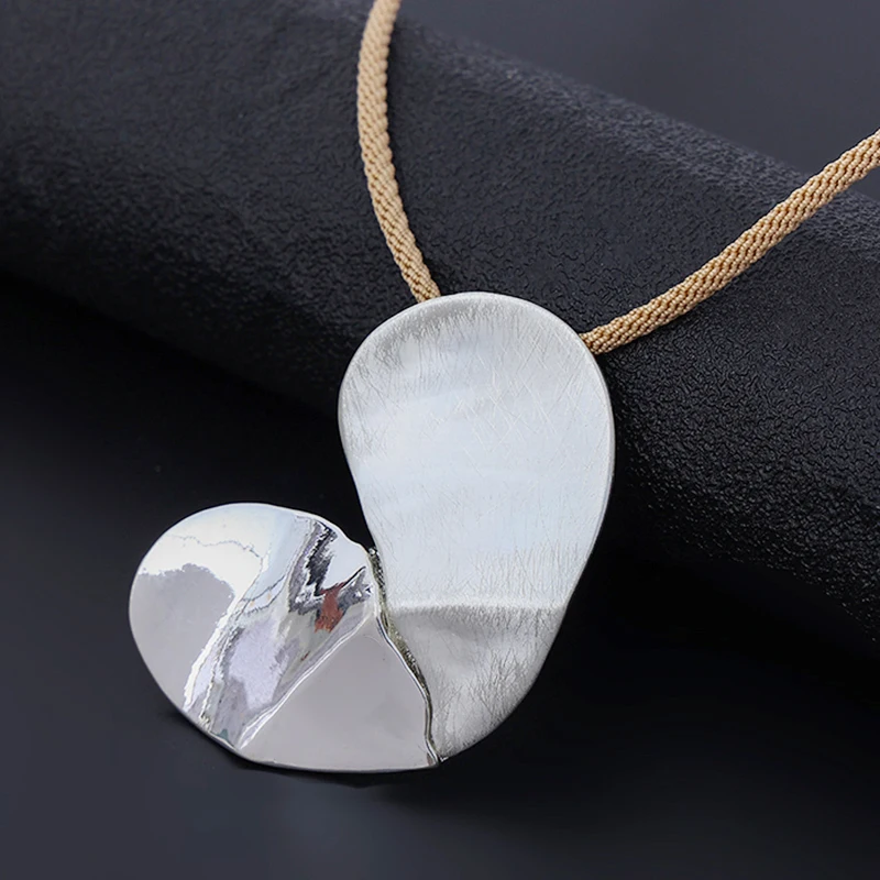 

TongLing layered necklace rope chain silver plated textured alloy spliced half heart necklace for girls women