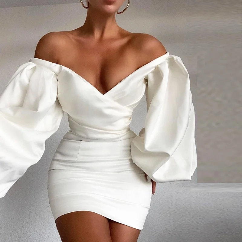 

Women Sexy Off Shoulder Puff Sleeve Wrap Bodycon Dresses Party Wear, White, black
