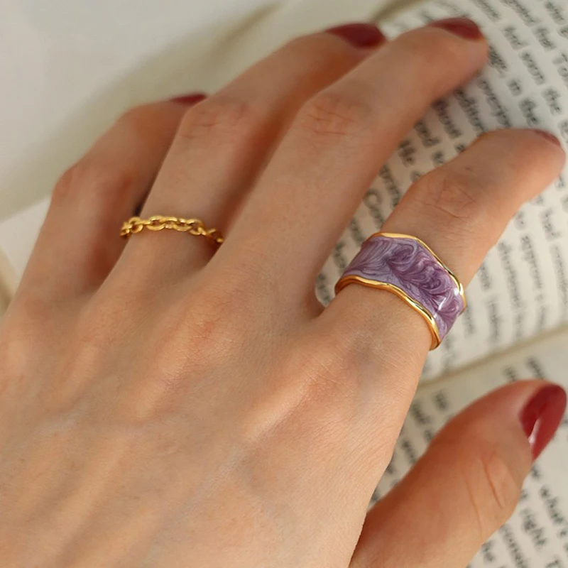 

3 Colors Wide Irregular Enamel Rings Purple White Wave Geometric Rings for Women Curled Vintage Rings  Christmas Gift, Gold