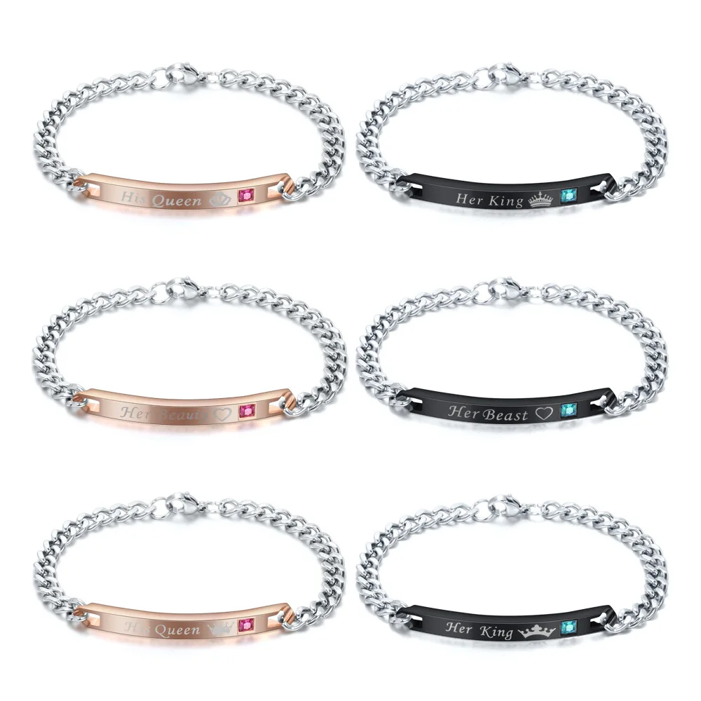 

New Stainless Steel Couples Bracelet For Men Women Cubic Zirconia His Queen Her King Bracelets Matching Link Chain Bracelets, Silver