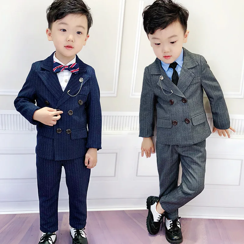 

2021 fashion British style long sleeve gentleman trendy double-breasted striped waistcoat children suits kids boy clothing set, Picture