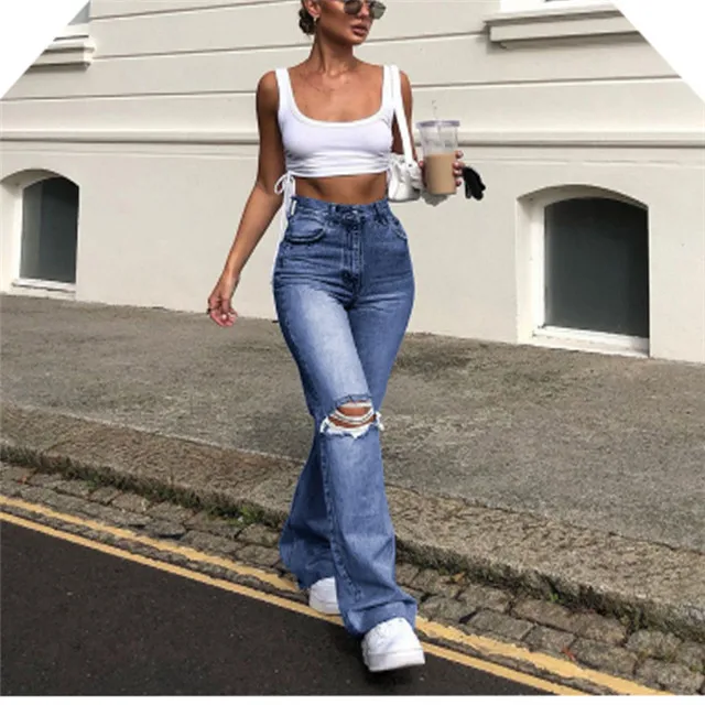 

2021 Hot Sale Ladies Denim Wide-leg Pants Ripped Casual Trousers Denim Flared Pants