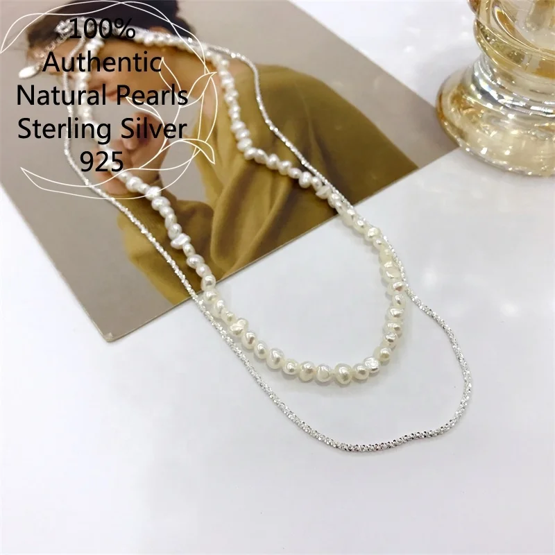 

Korean Collarbone Cadenas de plata 925 Sterling Silver Choker Baroque Natural Premium Two Layers of freshwater Pearl Necklace