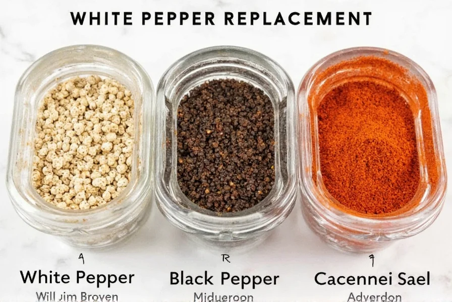 Close-up comparison of white pepper, black pepper, and cayenne pepper in spice jars for white pepper replacement guide