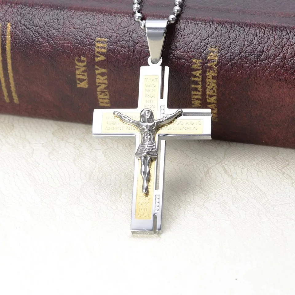 

Wholesale Christian Stainless Steel Mens Jewellery Necklace Silver Zirconia Religious Jesus Crucifix Cross Pendant Necklace