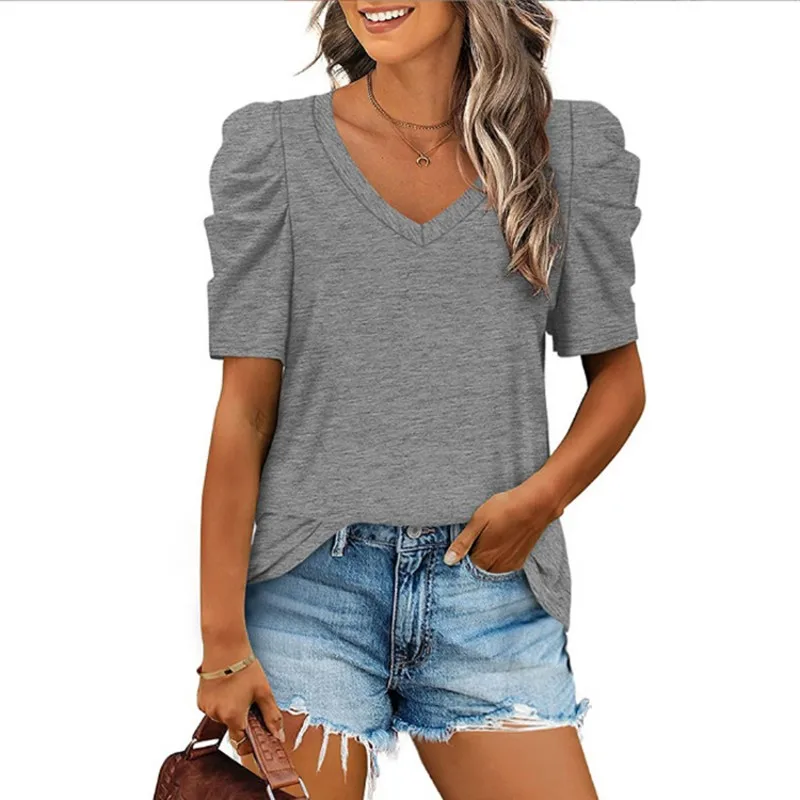 

V-Neck Short Sleeve T Shirt Women's T-shirts Summer Casual Vintage Top Women Clothing Pullover Y2K Fashion Tshirt C14591