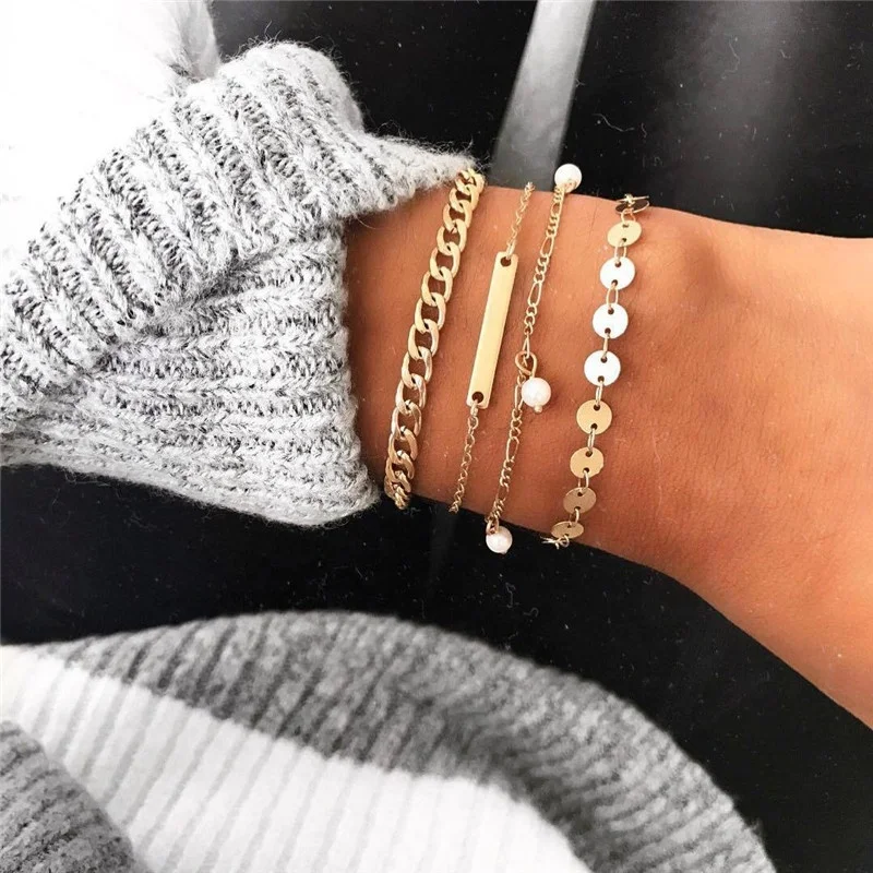 

Fashion dainty bohemia 4pcs/set gold cube chain bracelet rectangle coins chain set boho bracelets for women, Picture
