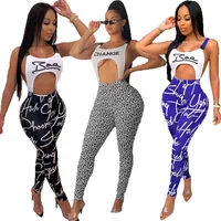 

OA5168 women sexy letter printed ski hollow out backless jumpsuit