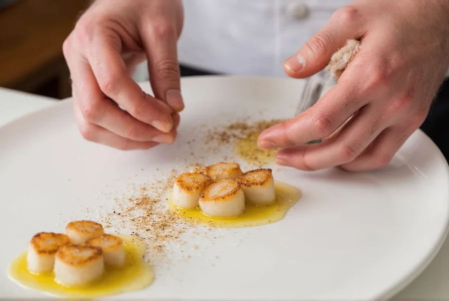 Chef's hands sprinkling crushed timut pepper over a finished dish of seared scallops with citrus reduction