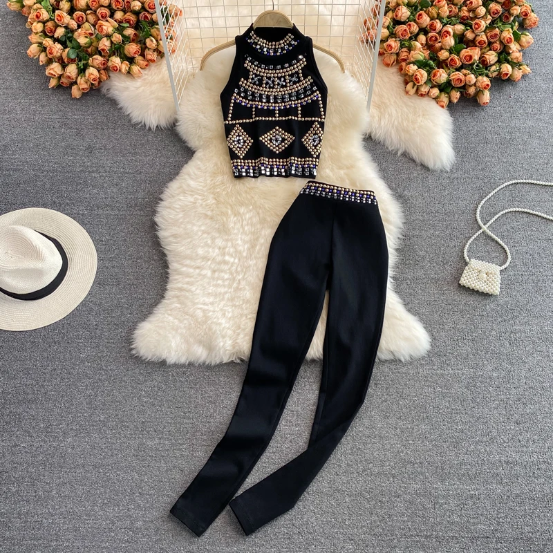 

Women's Two Piece Set Hot Drilling 2021 New Summer Slim Sleeveless Vest High Waist Stretch Skinny Trousers Top and Pants Set