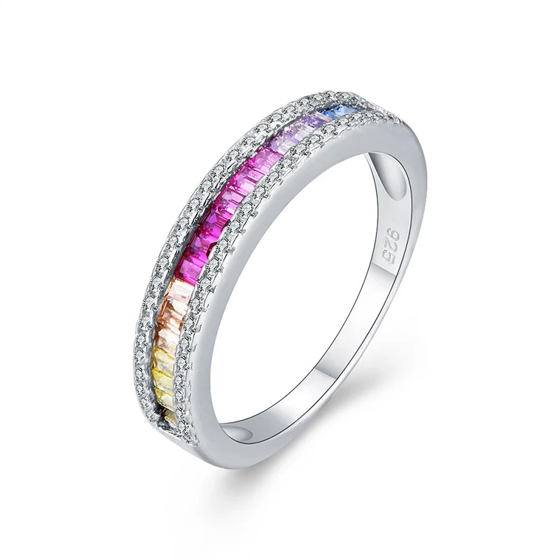 

RINNTIN EQR16 925 Sterling Silver rings Rainbow Multi Color Cubic Zirconia Stone Eternity Ring Women, Silver color