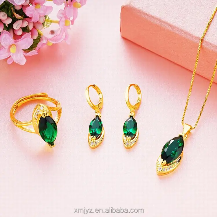 

Brass Gold-Plated Inlaid Gemstone Necklace Emerald Ruby All-Match Female Ring Female Necklace Earrings Three-Piece Set