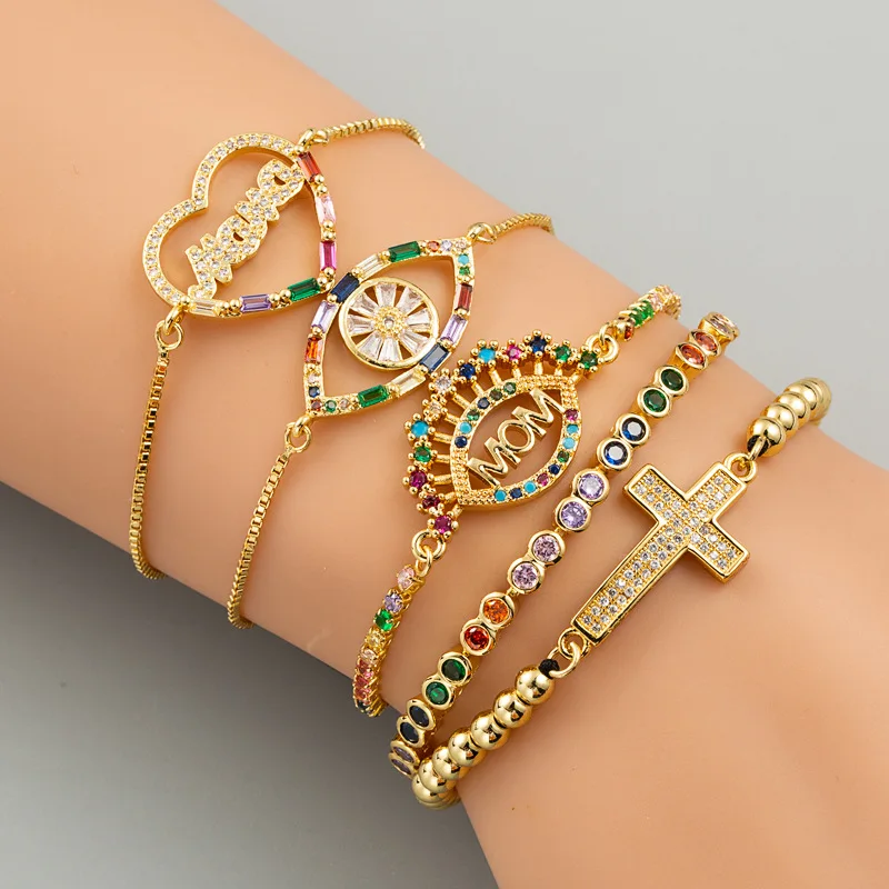 

Personalized Rainbow Bracelet Micro Pave CZ Adjustable Gold Plating Bracelet