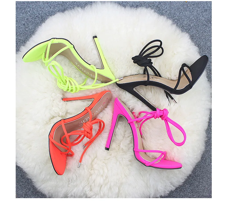 

2021 New summer pointed-toe lace up high heel sandals street fashion candy color sandals high heels shoes for ladies, 4 colors