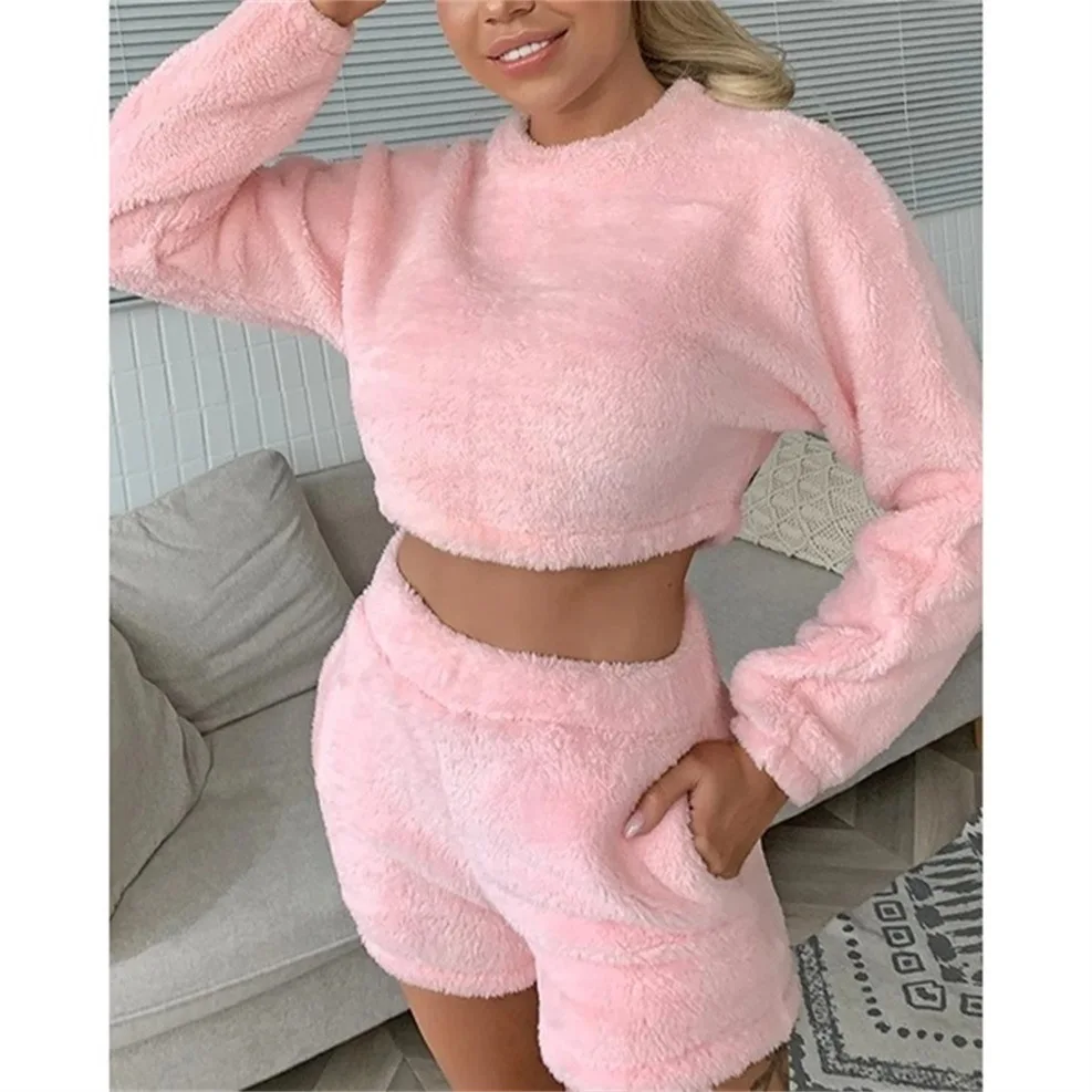 

PSSW2041 Wholesale Fashion Plus Size Long Sleeve Top Shorts 2 Piece Sleepwear Flannel Pajamas Sets, As show
