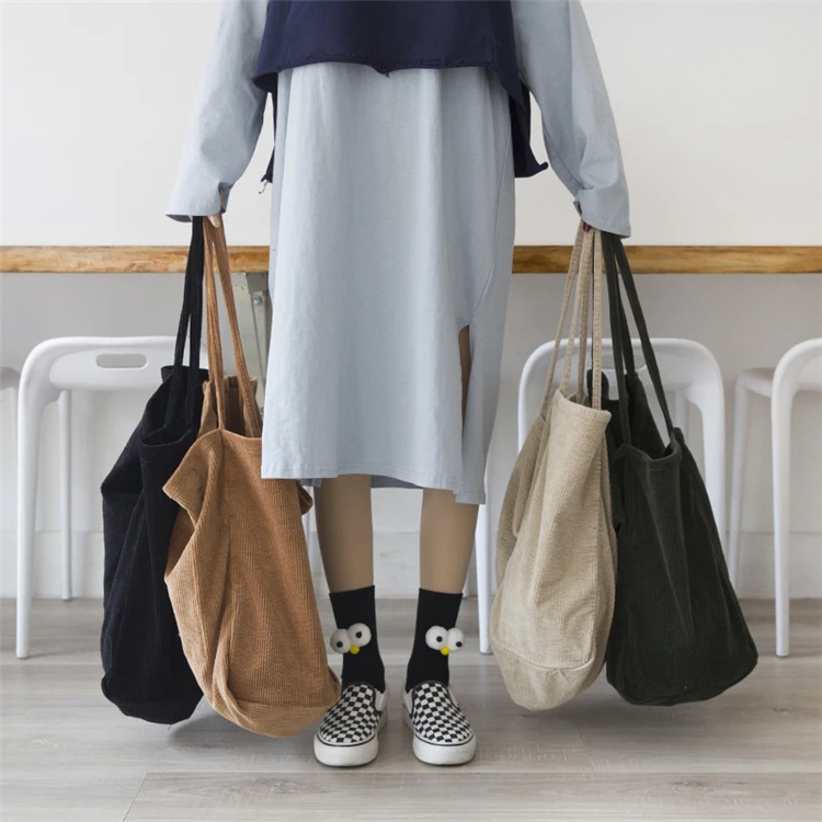 

2021 Winter Corduroy Open Spaghetti Strap Woman Black Tote Bag, As picture