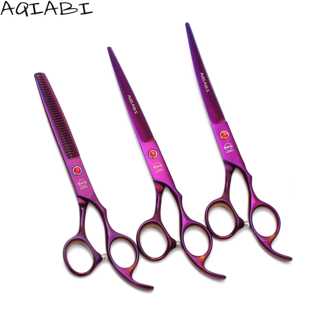 

Pet Scissors Set 7" AQIABI JP Stainless Dog Grooming Scissors Dog Straight Shears Cat Thinning Shears Animal Shears A3003, Red handle