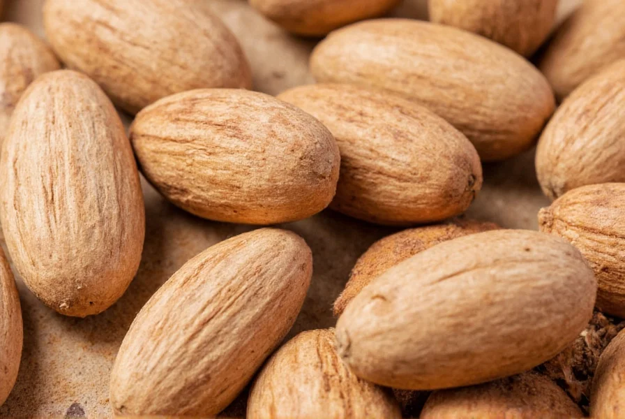 Nutmeg spice paired with complementary ingredients like cinnamon sticks, ginger root, and cloves on wooden background