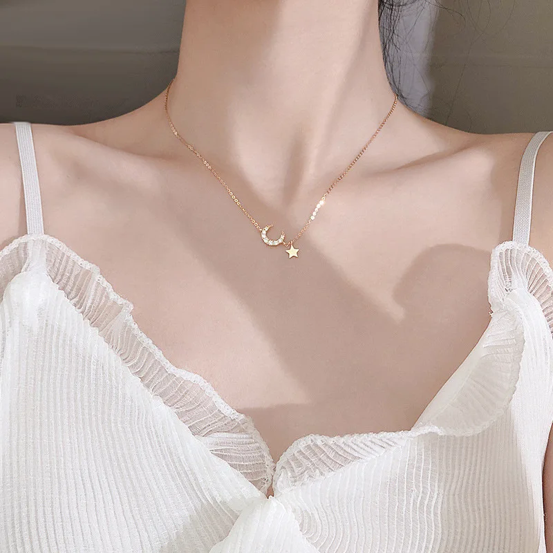 

Simple Temperament Crystal Star Moon Clavicle Chain Necklace Woman, As pic shown