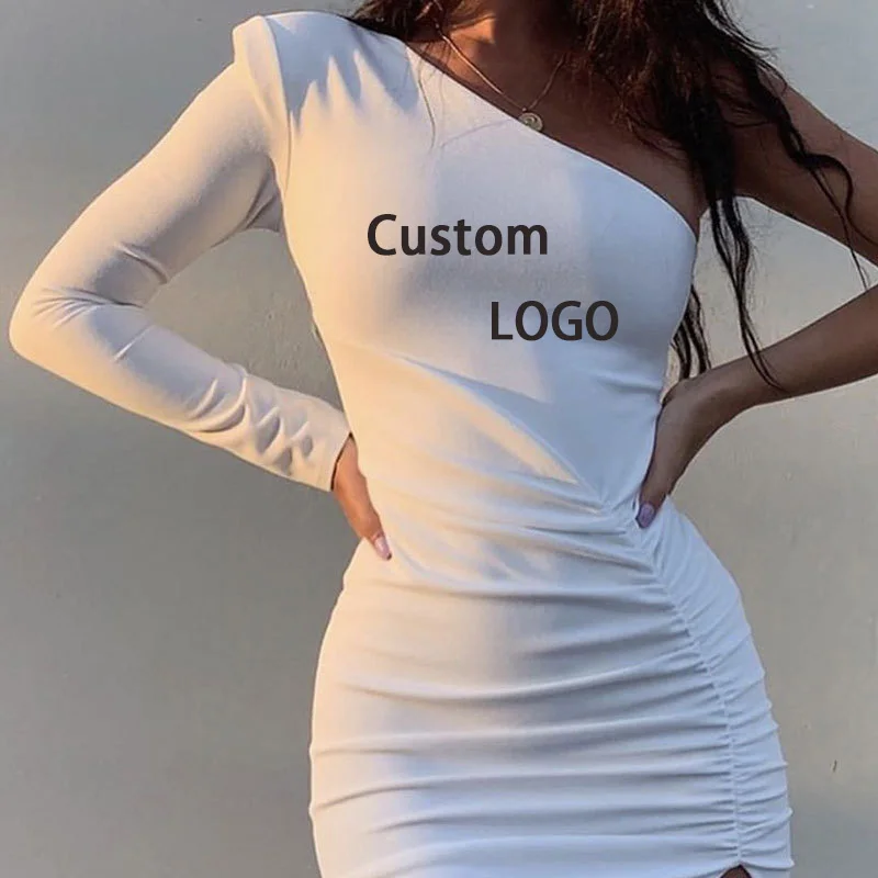 

New Fashion Design 13 Colors Lady Party Wear One Shoulder Ruched Midi Dress Sexy Slim Elegant Casual Dresses Woman, Picture color