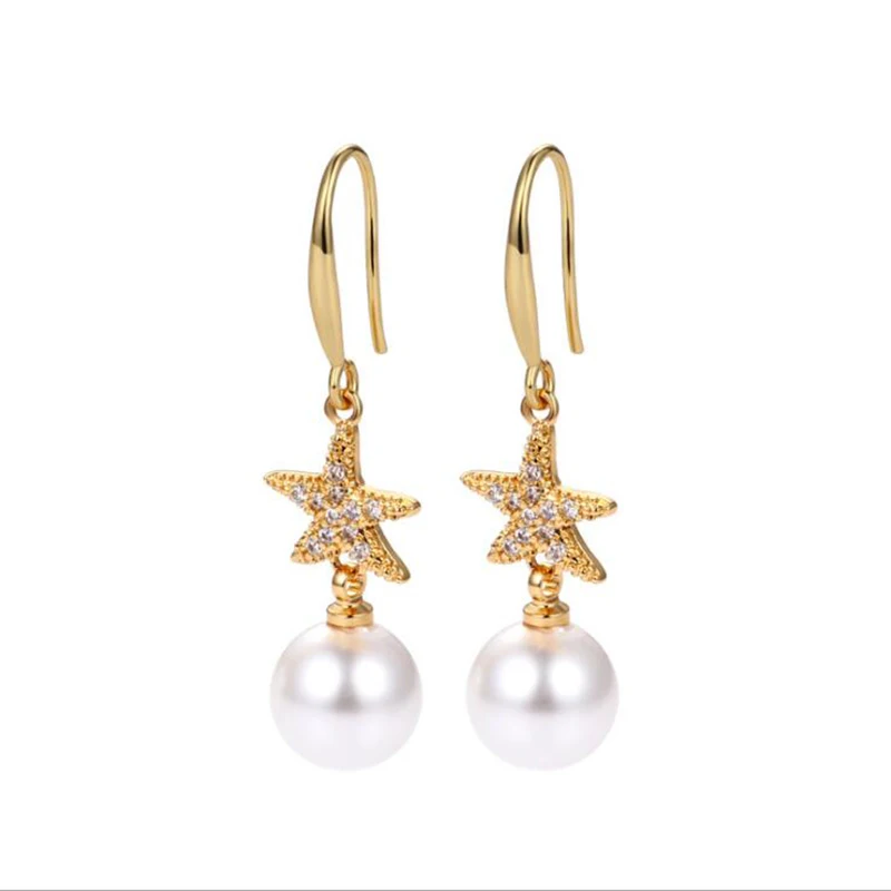 

14K Gold Filled Cute 8-8.5mm Nearly Round Natural Freshwater White Pearl Starfish Hook Earrings for Women Birthday Gifts