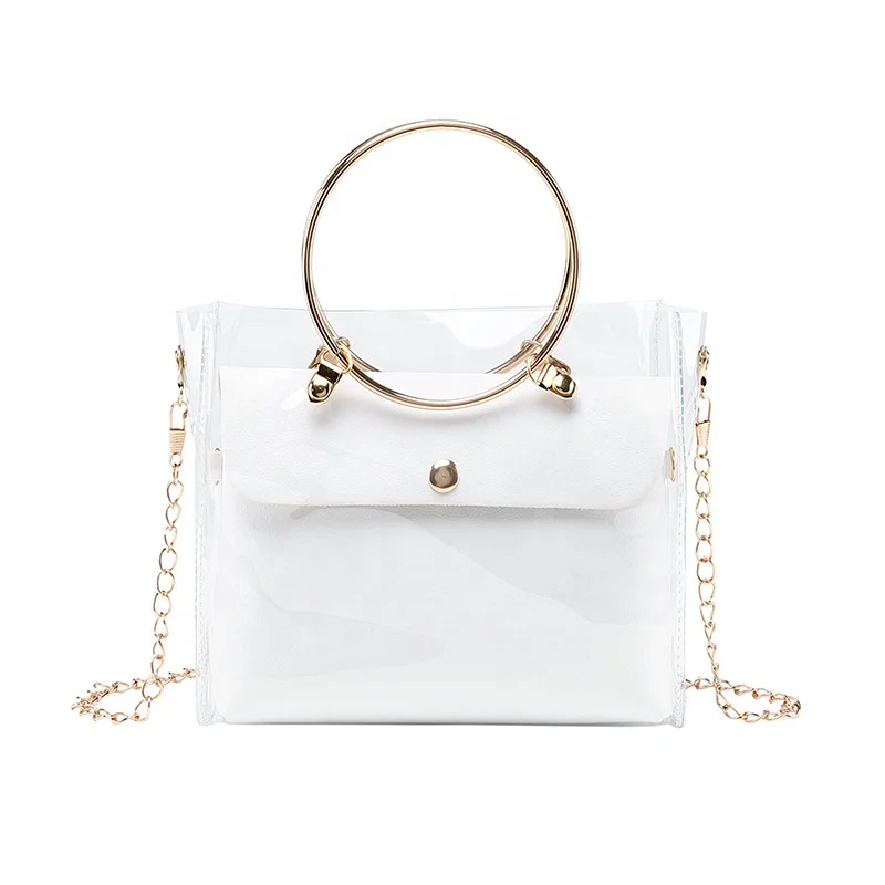 

2020 Fashion Gold Chain PVC Women handbag Purse Metal Round Handle Jelly Clear Tote Bags Transparent