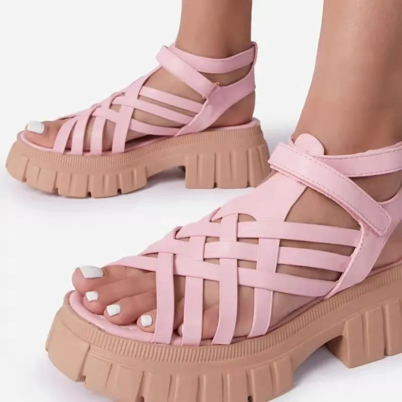 

Summer hot style thick soles in woven leather ladies Roman sandals, Pink,brown,white,black